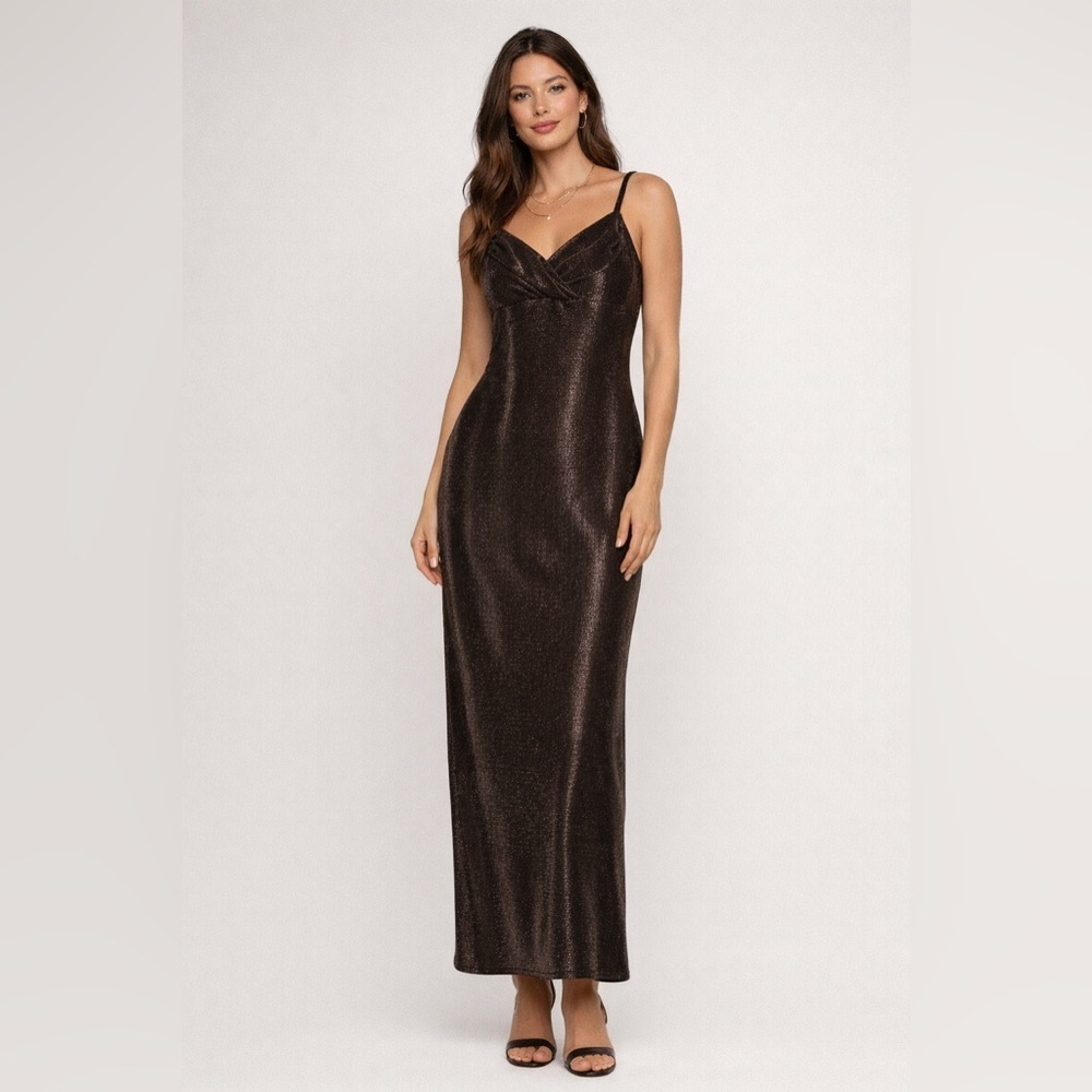 Jessica McClintock Brown Metallic Maxi Slip Dress Y2K 12